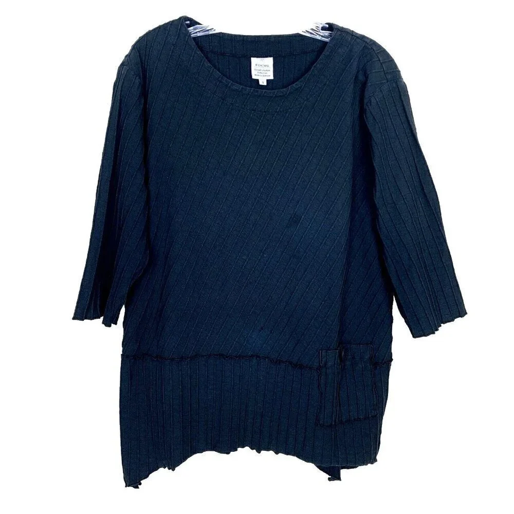Focus Casual Life 3/4 Sleeve Tunic Top Black Knit Pocket Lagenlook Womens S